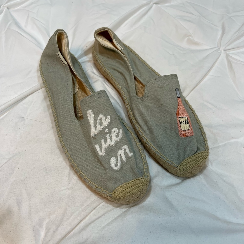 NEW La Vie en Rose Pale Blue Denim Cotton Canvas Espadrille Flat Slides